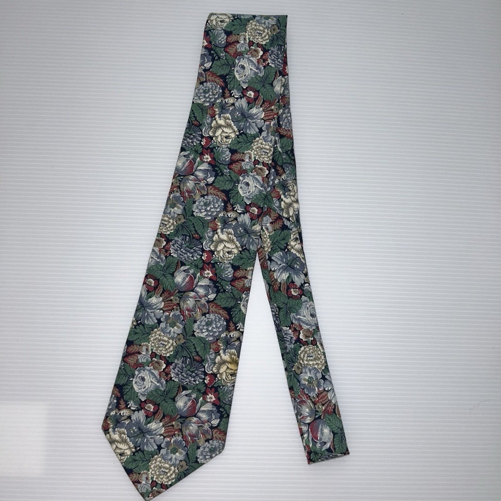 Vintage Rooster Floral Necktie Green Pink Roses Botanical Floral Cotton